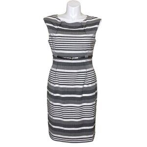 Calvin Klein Striped Belted Sheath Dress Gray White Empire Waist Women's Size 14